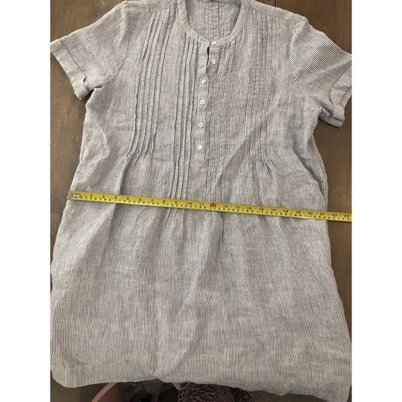 Quince Blue Pinstripe Swing Dress 100% European Linen With Pockets Button Medium - Picture 9 of 11